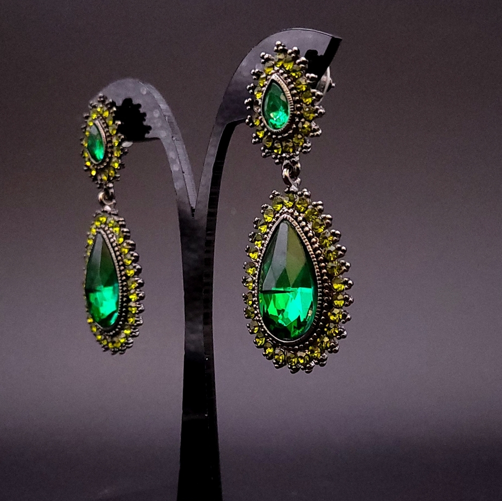 Statement Green Teardrop Rhinestone Dangle Earrin… - image 3